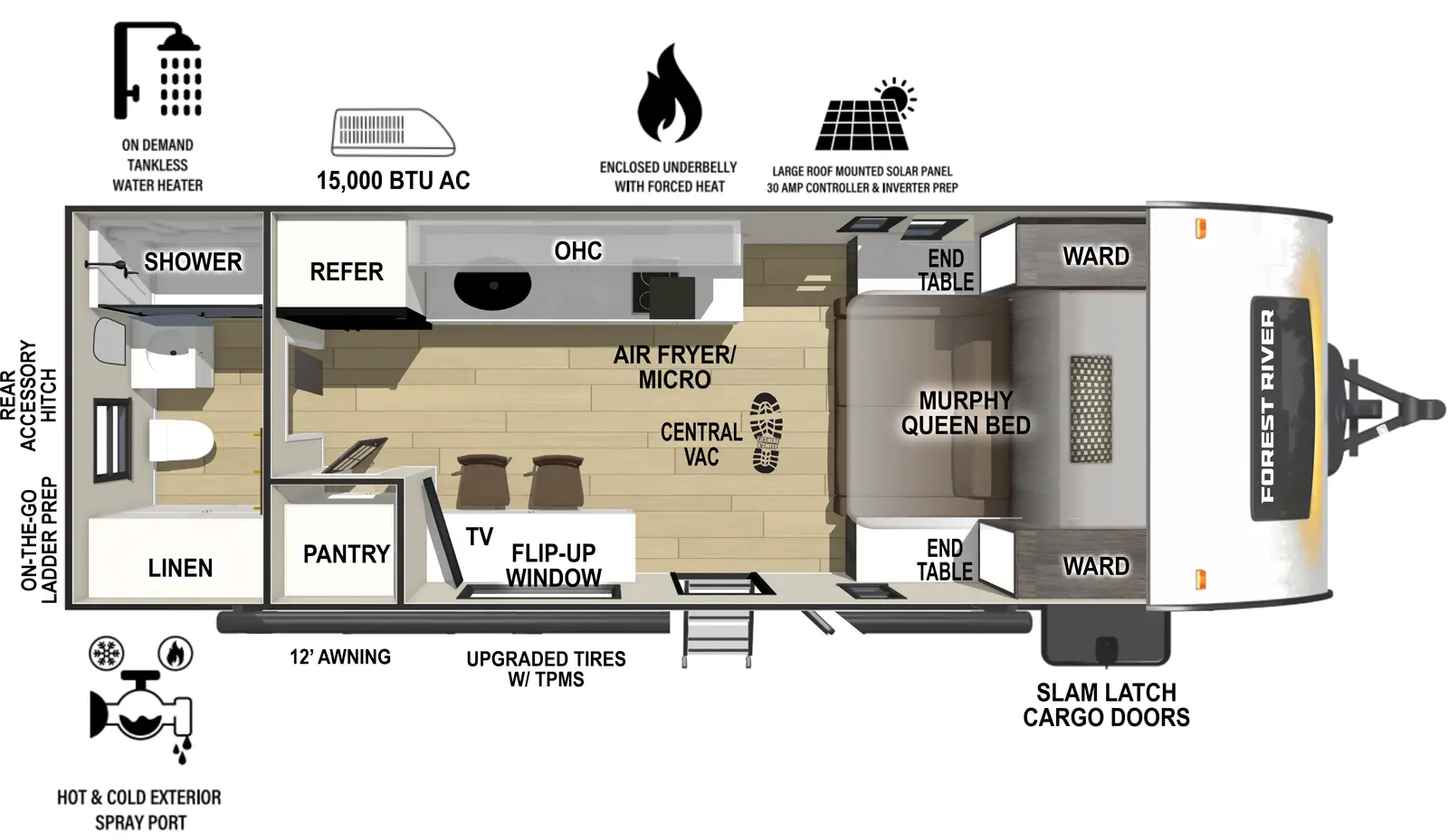 The RP-197 has zero slideouts and one entry. Exterior features slam latch cargo doors, upgraded tires with TPMS, 12 foot awning, hot and cold spray port, on-the-go ladder prep, rear accessory hitch, on demand tankless water heater, 15,000 BTU air conditioner, enclosed underbelly with forced heat, and large roof mounted solar panel 30 amp controller & inverter prep. Interior layout front to back: murphy queen bed with wardrobes and end tables on each side, and central vacuum; off-door side kitchen counter with convection microwave, cooktop, sink, overhead cabinet, and refrigerator; door side entry, flip-up window, seats, TV, and pantry; rear full bathroom with linen closet and night light.